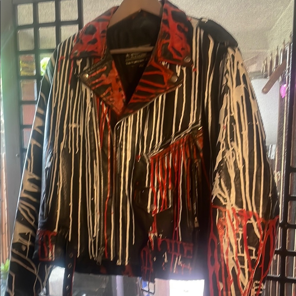 Vintage Black Leather Biker Jacket custom graffiti drip paint